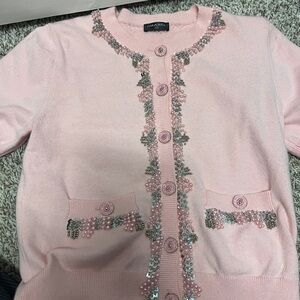 CHANE* Pink Crystal & Pearl Trim Knit Cardigan